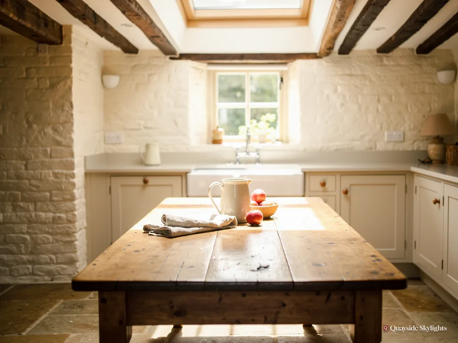 Rustic kitchen with ceiling beams, a farmhouse table and a rooflight