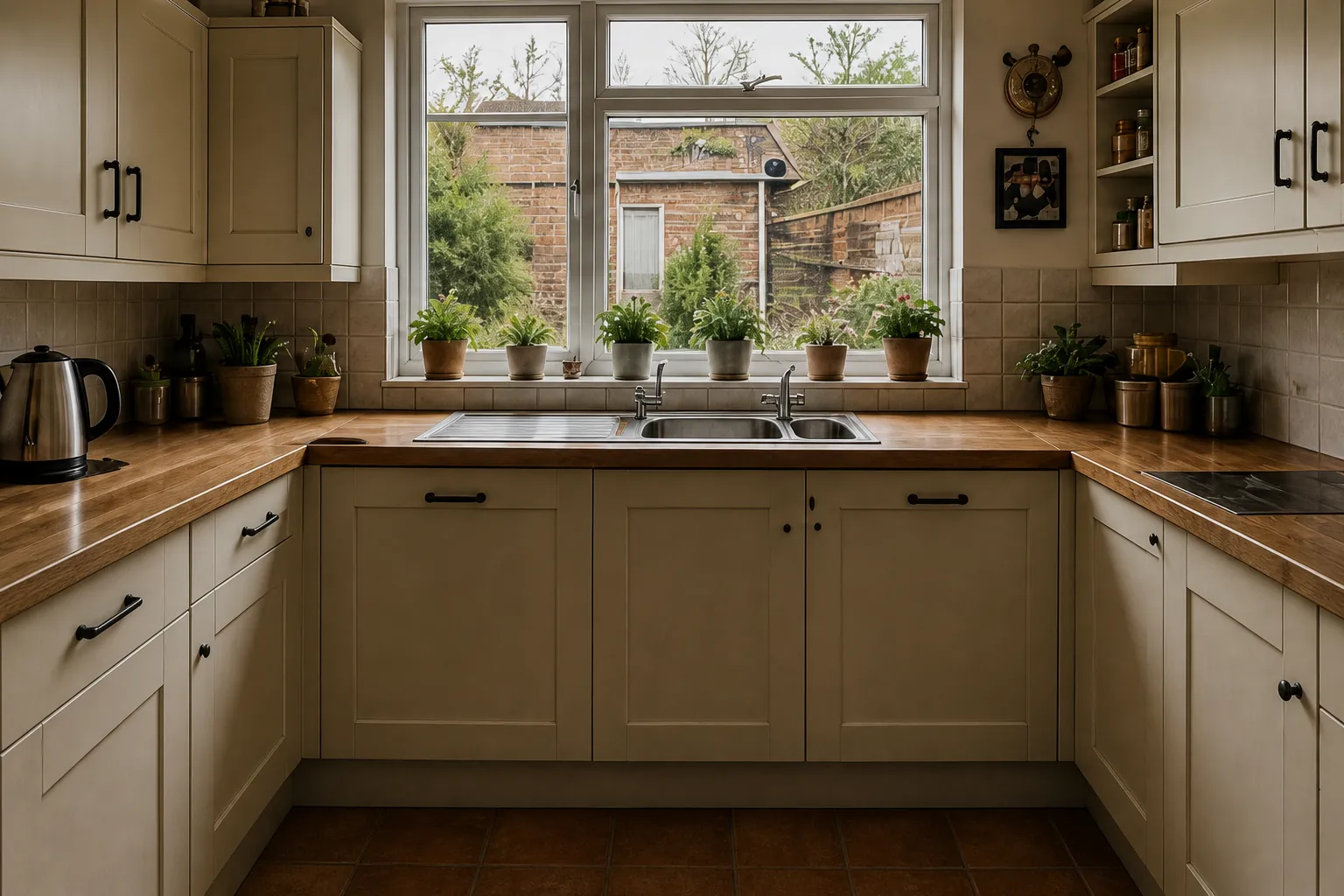 A back kitchen at midday, gloomy despite a window onto a brick yard